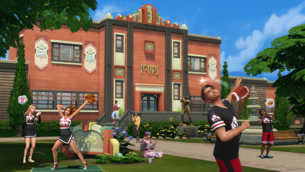 In-game screenshot from The Sims 4 showing Sims gathered outside a university-style building, with students playing football, cheering, and socializing on campus.