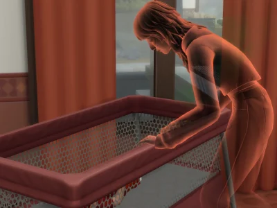 A grieving ghost Sim leans over an empty bassinet, her head bowed as warm light fills the quiet nursery in The Sims 4.