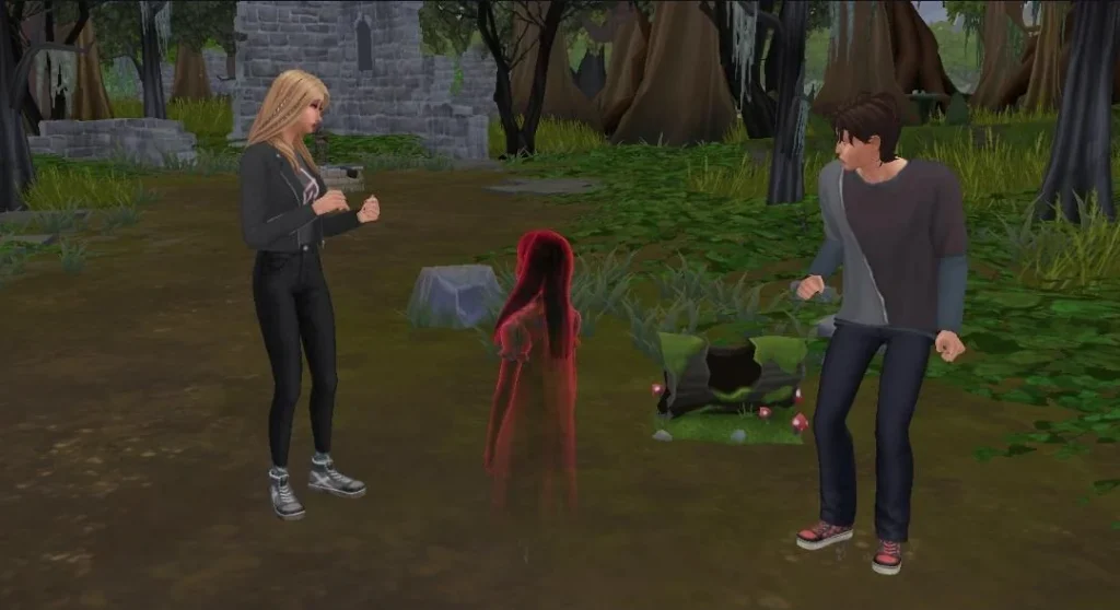 Two Sims stand frozen in shock as the ghost of a young child appears between them in a wooded graveyard setting in The Sims 4.