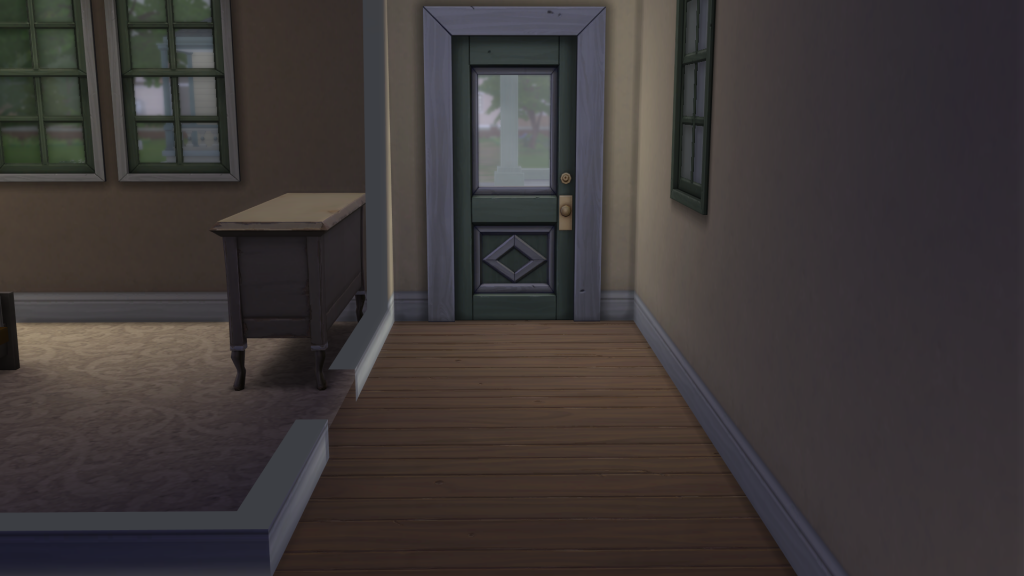 A closed interior door inside a Sims 4 house, positioned at the end of a hallway, used to restrict access between rooms.