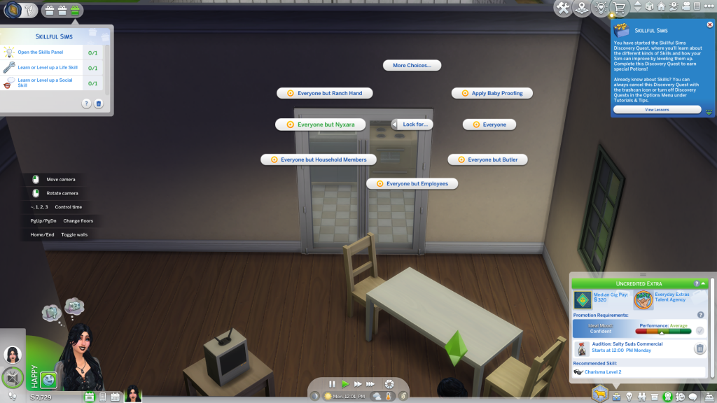 The Sims 4 door lock menu displayed on a double door, showing options such as locking access for specific Sims or groups.