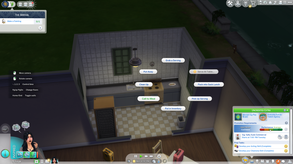 The Sims 4 kitchen interaction menu displayed over a prepared meal, showing options such as serve at table, grab a serving, call to meal, and pack into sack lunch.