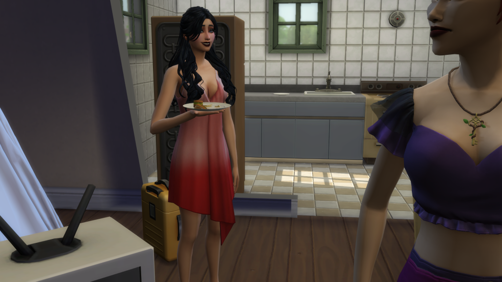 A Sim holding a plate of food while standing near the kitchen entrance, with another Sim nearby, showing food being taken out of the kitchen in The Sims 4.