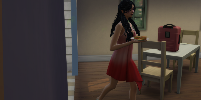 A Sim walking away from the kitchen while holding a plate of food, heading toward a dining table in The Sims 4.