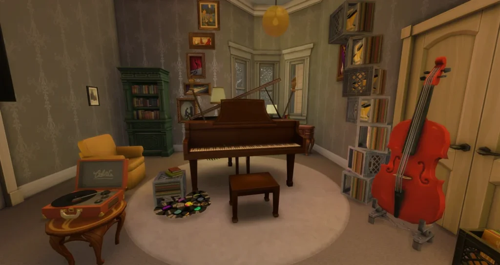 Detailed Sims 4 music room inspired by Coraline’s Pink Palace, featuring a grand piano, upright cello, vinyl record player, stacked records, framed artwork, and a green bookshelf in a softly lit vintage interior.