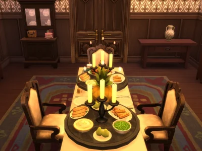 Candlelit dining room in a Coraline Pink Palace Sims 4 build, featuring a symmetrical dinner table with glowing candelabras, plated food, dark wood paneling, and vintage décor.