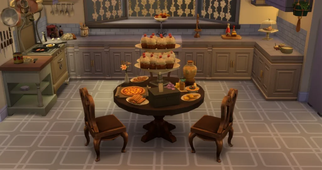 Detailed Sims 4 kitchen inspired by Coraline’s Other World, featuring gray cabinetry, hanging pots, lace curtains, and a round dining table covered with layered cakes, pizza, pastries, and decorative jars.