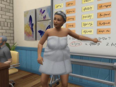 A teacher Sim wearing only a towel and no clotehs as she teaches her class.
