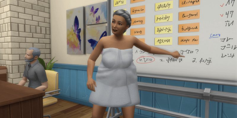 A teacher Sim wearing only a towel and no clotehs as she teaches her class.
