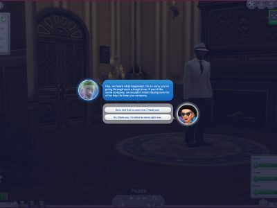 A living sim being called by her deceased husband to wish her his condolences on his own death. Telling her goodbye.