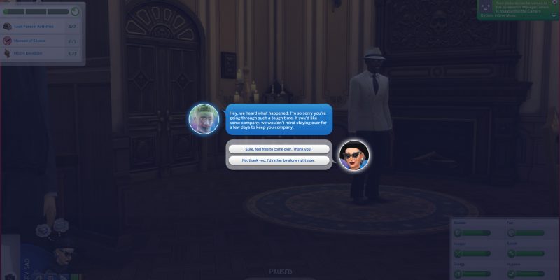 A living sim being called by her deceased husband to wish her his condolences on his own death. Telling her goodbye.
