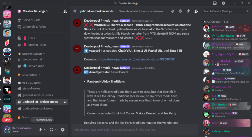 Screenshot of a Discord server channel showing a warning message about compromised Mod the Sims accounts and malicious ts4script files.