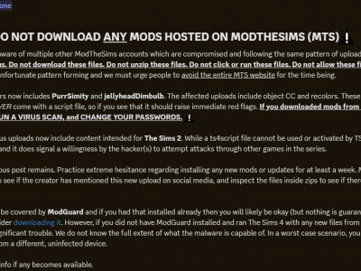 Screenshot from Sims After Dark’s Discord showing a bold warning: “DO NOT DOWNLOAD ANY MODS HOSTED ON MODTHESIMS (MTS),” stating multiple accounts were compromised with tainted script files and advising users to delete downloads, run a virus scan, and change passwords.