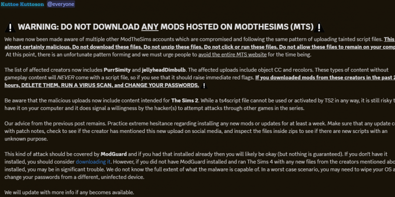 Screenshot from Sims After Dark’s Discord showing a bold warning: “DO NOT DOWNLOAD ANY MODS HOSTED ON MODTHESIMS (MTS),” stating multiple accounts were compromised with tainted script files and advising users to delete downloads, run a virus scan, and change passwords.