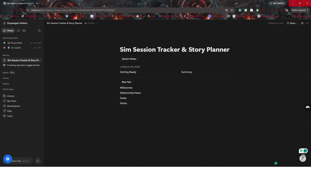 Notion Sim session tracker showing customizable sections like milestones, relationship news, goals, and notes.