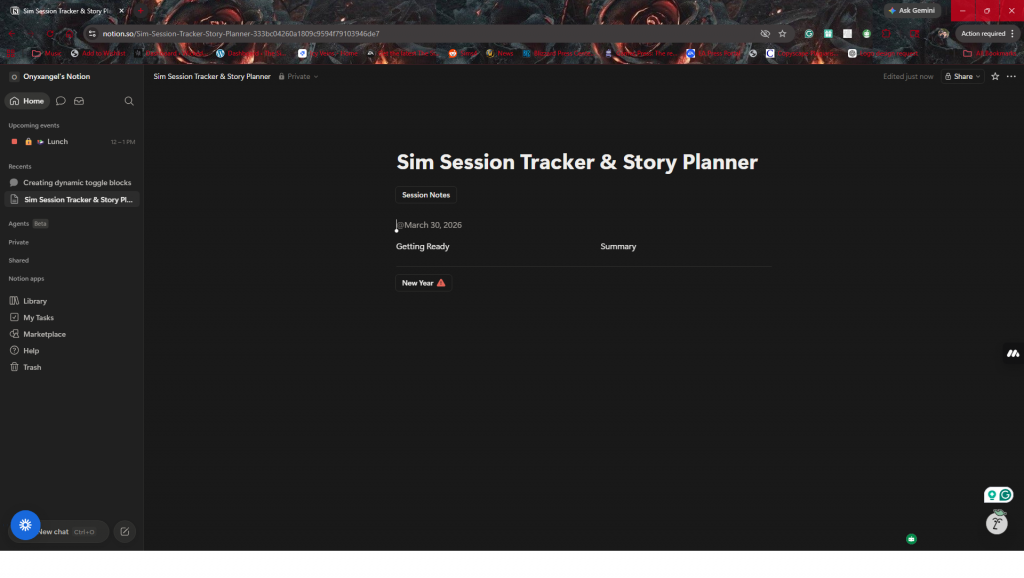 Notion page showing Sim session notes layout with date, planning section, and summary columns.