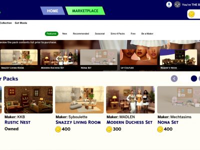The Sims 4 Marketplace screen showing new Maker Packs including Rustic Nest, Snazzy Living Room, and Modern Duchess Set