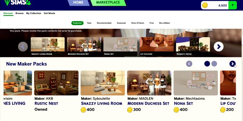 The Sims 4 Marketplace screen showing new Maker Packs including Rustic Nest, Snazzy Living Room, and Modern Duchess Set