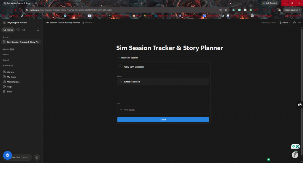 Notion page showing button block setup for creating a new Sim session tracker with automated actions.