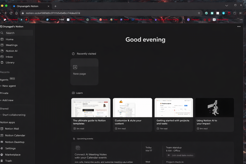 Notion home dashboard with dark theme showing workspace sidebar, recent pages, and content sections.