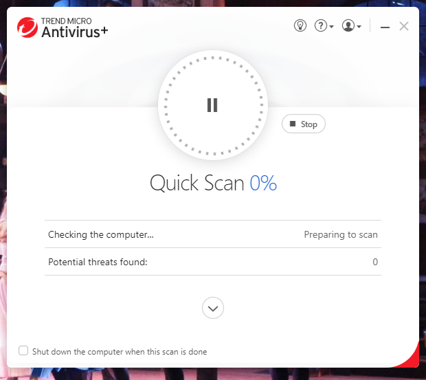 Screenshot of Trend Micro Antivirus+ running a Quick Scan at 0 percent while checking the computer for potential threats.