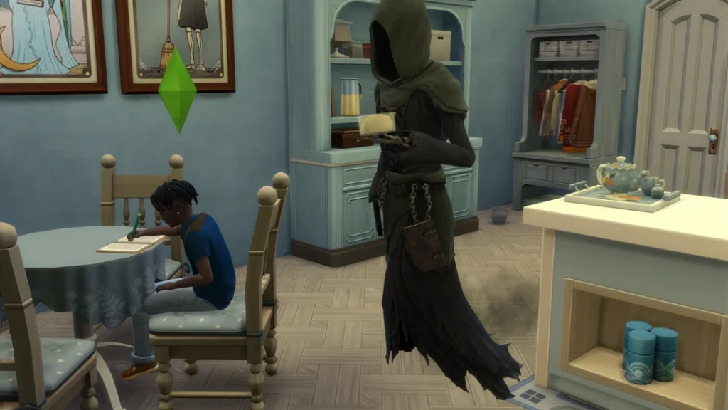 Screenshot from The Sims 4 showing the Grim Reaper standing in a kitchen holding food while a child Sim sits at a small table doing homework.