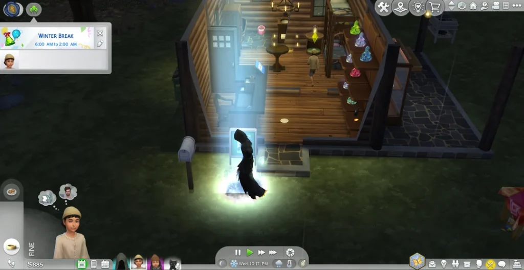 Screenshot from The Sims 4 showing the Grim Reaper glowing outside a log cabin at night after an alien abduction, with a child Sim visible inside near crystal shelves.