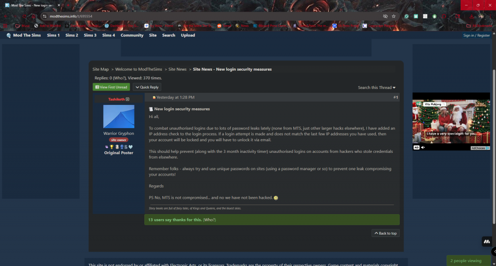 Screenshot of a Mod the Sims forum post titled “New login security measures” explaining added IP address checks to prevent unauthorized logins.