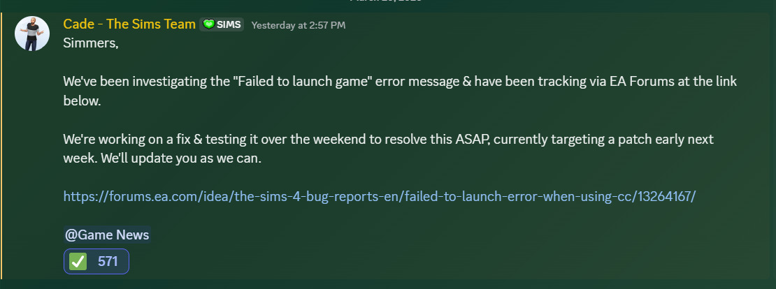 A message from Cade, a member of the Sims team promising a new update to fix not being able to launch the game. 