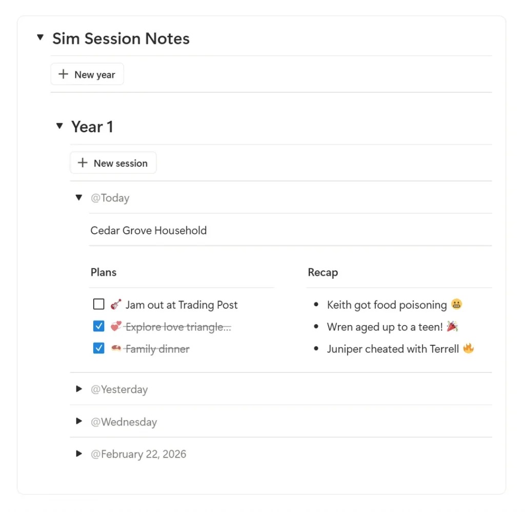 Notion Sim session tracker showing Year 1 gameplay notes with plans and recap columns for a Sims household.