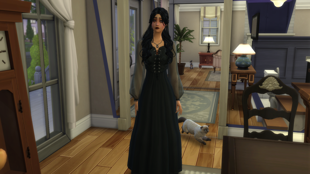 Gothic-style female Sim wearing a dark dress standing indoors with a cat walking behind her.