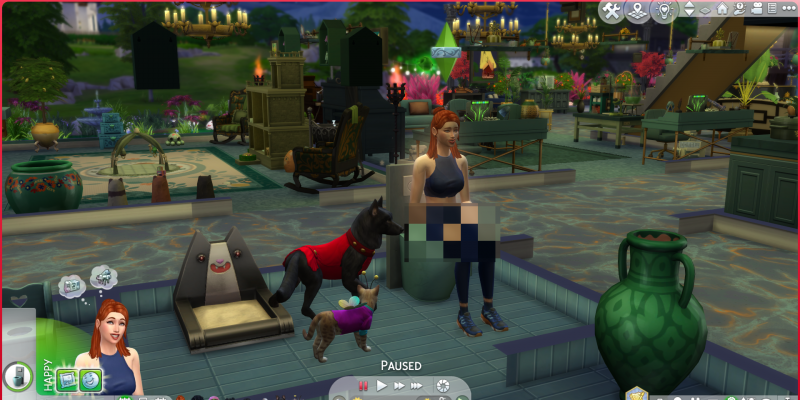 Two pets in the restroom with their owner.