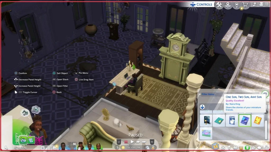 A Sims 4 gameplay screen showing a child Sim writing at a desk inside a decorated home, with a staircase, grandfather clock, and living area visible. The game is paused and the inventory panel shows a book created by the child Sim.