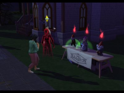 Evil gnomes being sold on a table while Sims look at the merchandise.