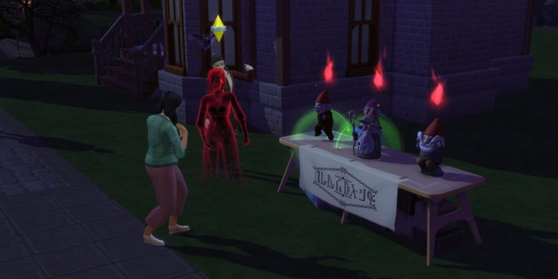 Evil gnomes being sold on a table while Sims look at the merchandise.