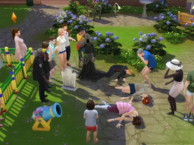 The Sims 4 scene showing multiple Sims collapsed on the ground while the Grim Reaper appears during a chaotic outdoor event
