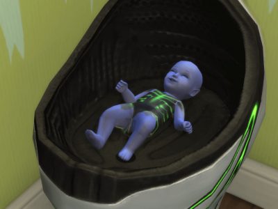 A servo alien baby laying in a crib.