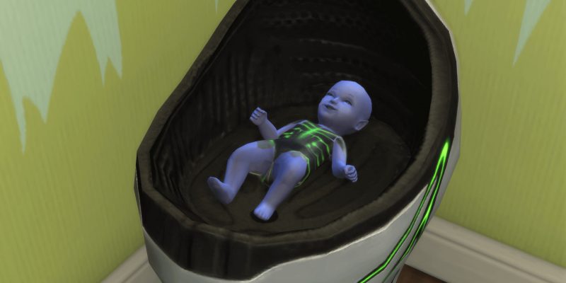 A servo alien baby laying in a crib.