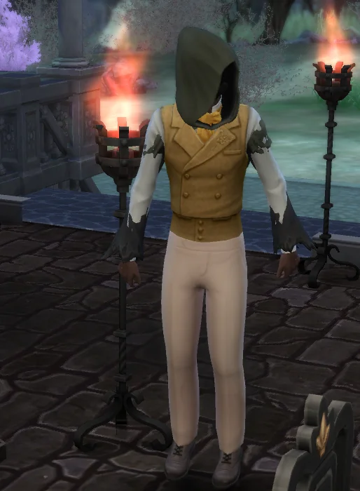 The Grim Reaper from The Sims 4 stands outdoors at night wearing an unusual formal outfit with a tan vest, white pants, and his signature dark hood, while flaming torches glow in the background.