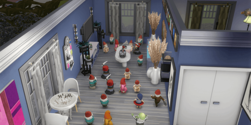 A room full of gnomes on Harvestfest in the Sims 4.