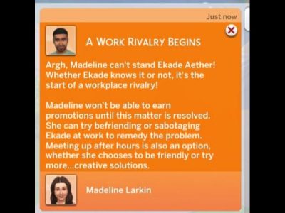 A Sims 4 notification showing that their Sim has a rival at work.
