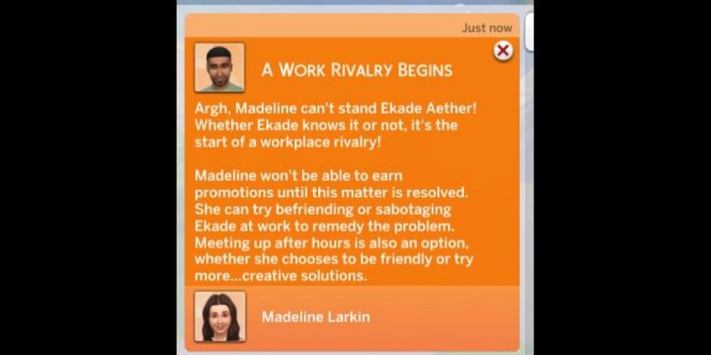 A Sims 4 notification showing that their Sim has a rival at work.