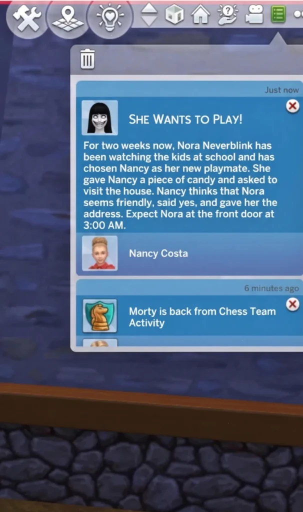 A Sims 4 notification window shows the creepy character Nora Neverblink selecting a child named Nancy Costa as her new “playmate” and warning players to expect her arrival at 3:00 AM.