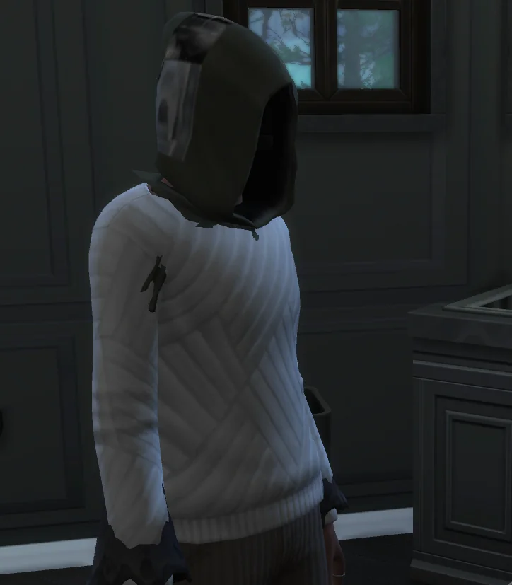 The Grim Reaper from The Sims 4 stands indoors wearing a white quilted sweater and striped pants while retaining his iconic black hood and shadow-covered face.