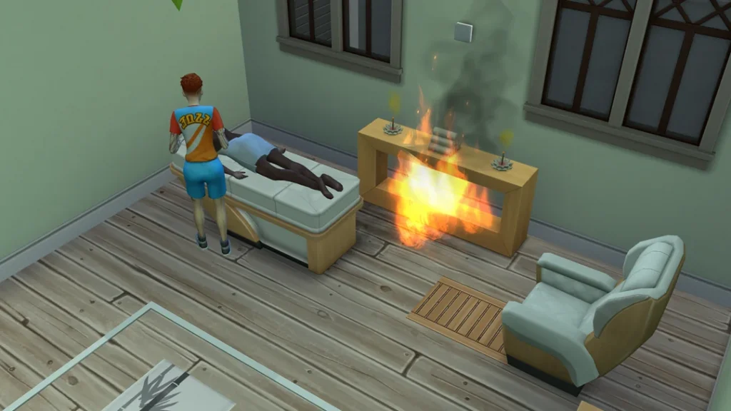 A massage room in The Sims 4 where two lit incense burners sit on a wooden table, with one causing a fire. A Sim stands beside another Sim lying face down on a massage table while flames and smoke rise from the burning incense, turning a peaceful spa into a chaotic emergency.