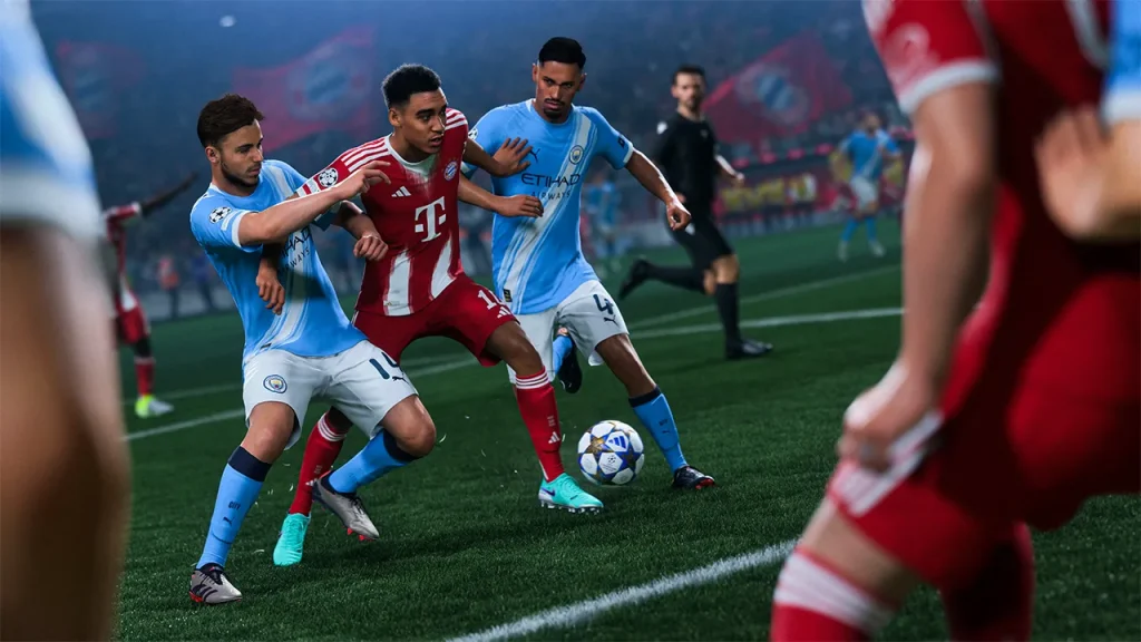 EA Sports FC 26 screenshot showing Bayern Munich and Manchester City players competing for the ball during a match.