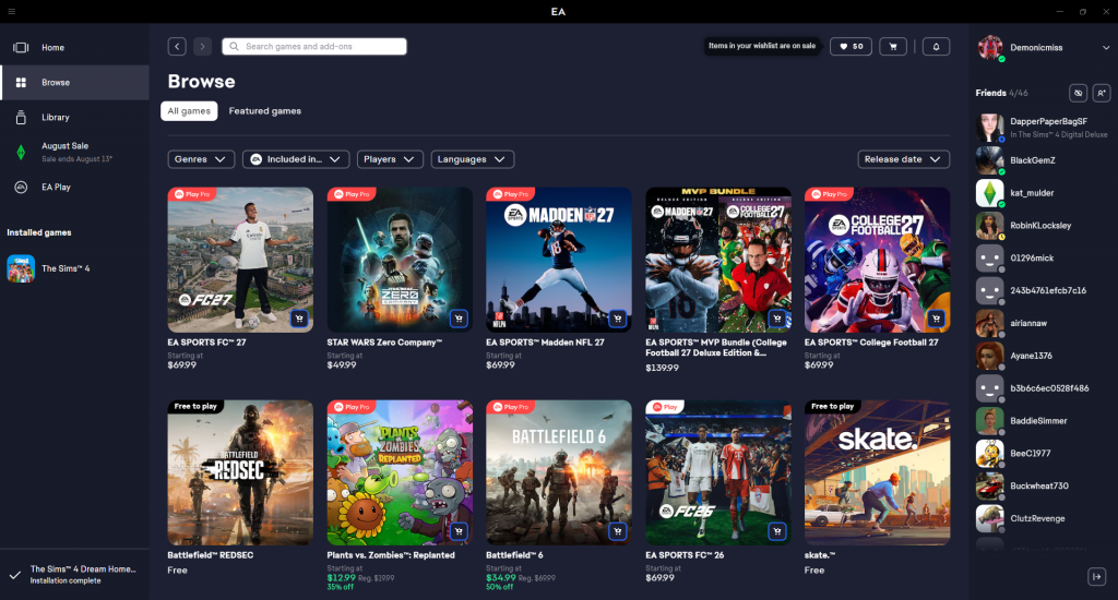 Screenshot of the EA App browse page displaying EA Sports FC 27, Battlefield 6, Madden NFL 27, College Football 27, and other Electronic Arts games.